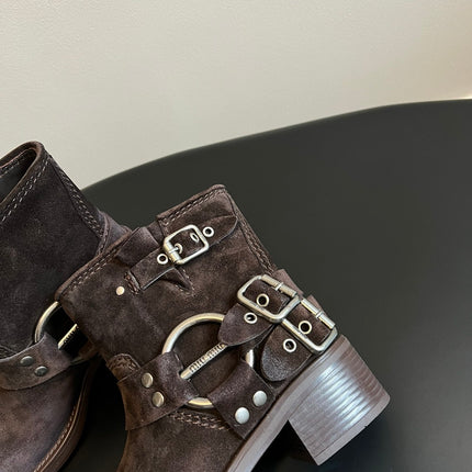 MIUMIU 26S ANKLE BOOTS IN DARK BROWN SUEDE SILVER HARDWARE