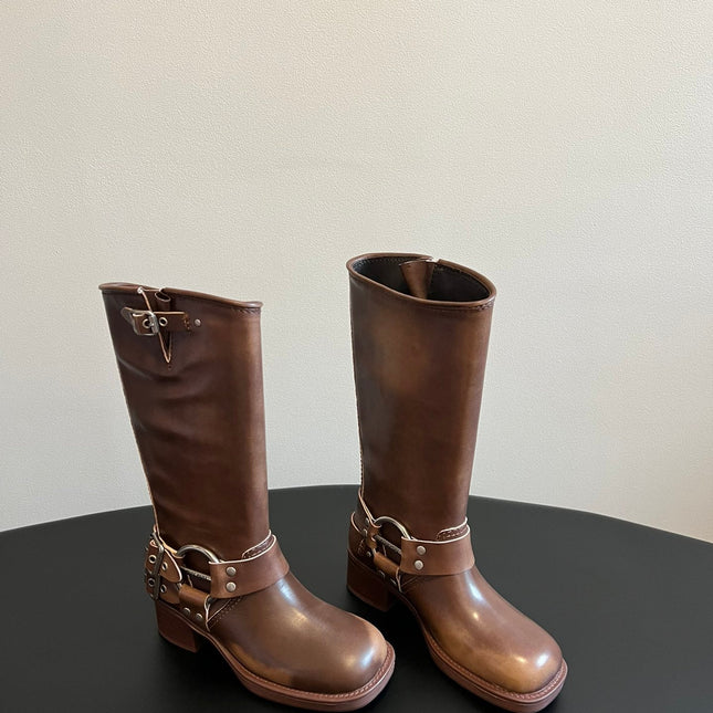 MIUMIU 26S KNEE-HIGH BOOTS IN BROWN CALFSKIN SILVER HARDWARE