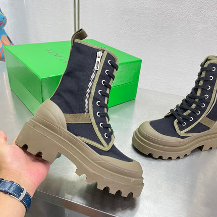 RIBBON BOMBER LACE-UP BOOTS IN BLACK MIX OLIVE GREEN CANVAS