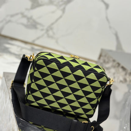 MESSENGER BAG 22 IN OCADO GREEN AND BLACK EMBROIDERED FABRIC GOLD HARDWARE