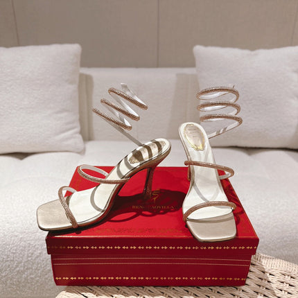 RENE CAOVILLA 26S SQUARE TOE ANKLE STRAP SANDALS 95 MM IN BEIGE LAMBSKIN