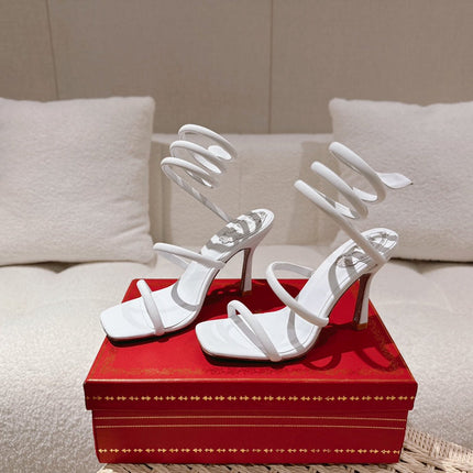 RENE CAOVILLA 26S SQUARE TOE ANKLE STRAP SANDALS 95 MM IN WHITE FABRIC