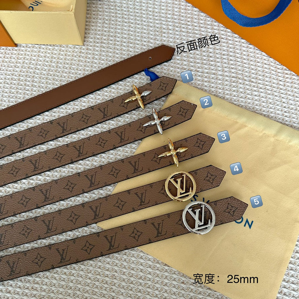 LV FLOWERGRAM 25 MM REVERSIBLE BELT IN BROWN MONOGRAM CALFSKIN GOLD MIX SILVER HARDWARE