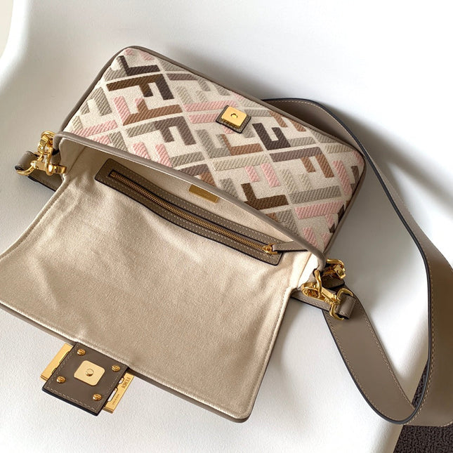 Fend Baguette White Brown and Multicolour Canvas Bag 27 with FF Embroidery Ghw