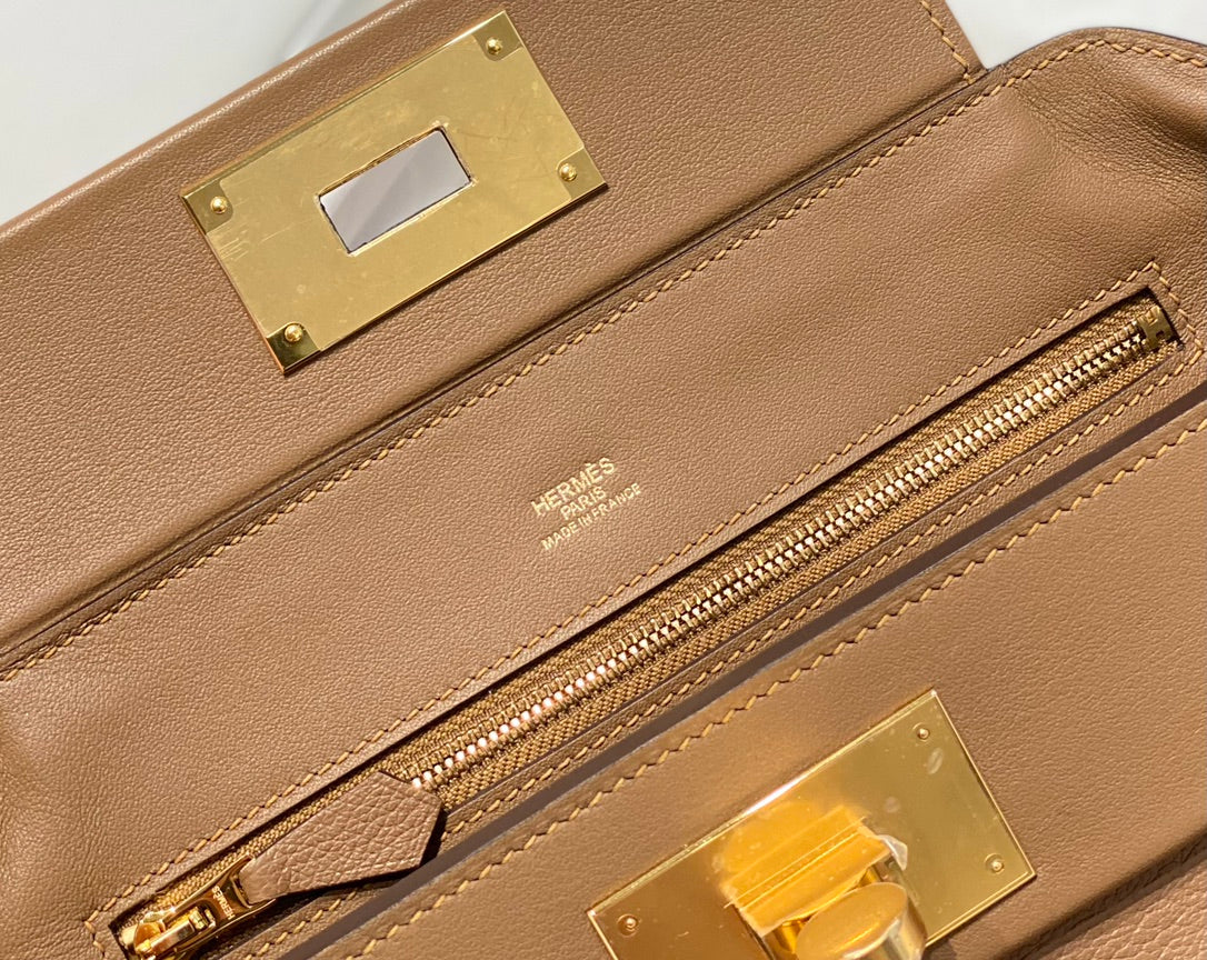 MINI 24/24 21CM IN BEIGE MARFA EVERCOLOR CALFSKIN GOLD KELLY BUCKLE