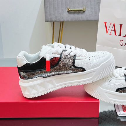 VALENTINO 25S GARAVANI ONE STUD XL PLATFORM SNEAKERS IN WHITE MIX METALLIC LAMBSKIN
