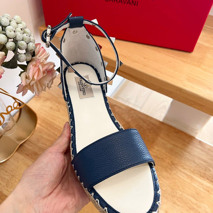 VALENTINO 26S WEDGE SANDALS IN DARK BLUE CALFSKIN