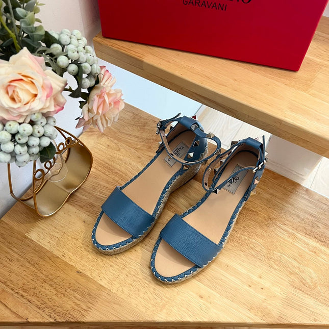 VALENTINO 26S WEDGE SANDALS IN BLUE CALFSKIN