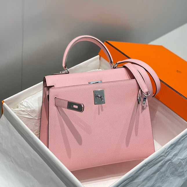 KELLY 28CM IN ROSE SAKURA SWIFT CALFSKIN SILVER HARDWARE