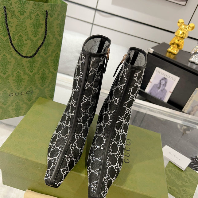 ANKLE BOOTS IN BLACK MESH AND SHEEPSKIN WITH GG CRYSTALS