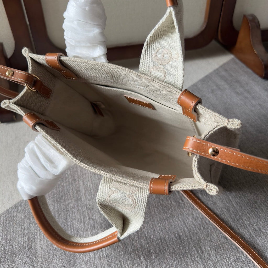 SMALL WOODY TOTE BAG 26.5 IN BEIGE LINEN CANVAS WEBBING LOGO EMBROIDERY BROWN CALFSKIN