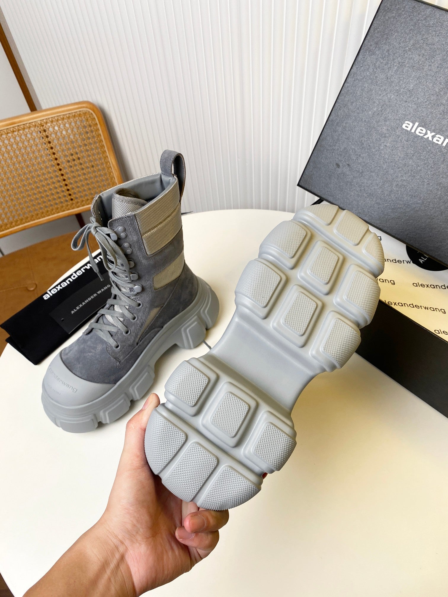 STORM COMBAT BOOTS 80MM IN GREY SUEDE AND RUBBER