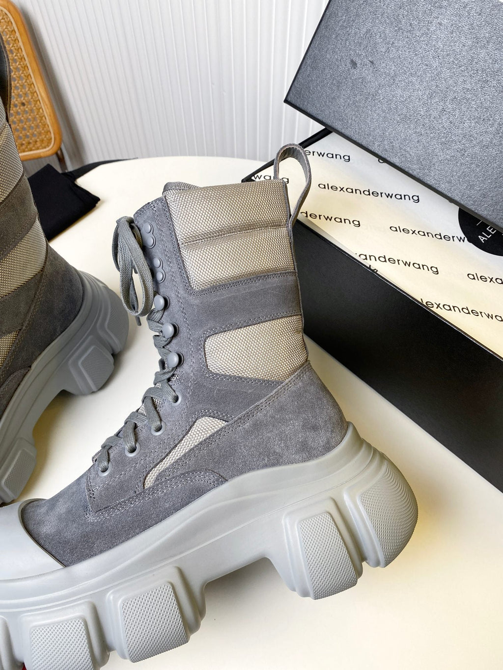 STORM COMBAT BOOTS 80MM IN GREY SUEDE AND RUBBER