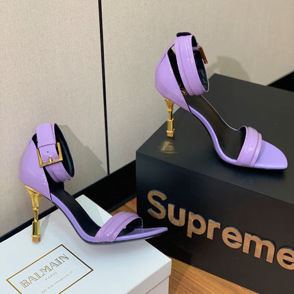 BALMAIN 26S METAL-HEEL SANDALS 105 MM IN PURPLE CALFSKIN