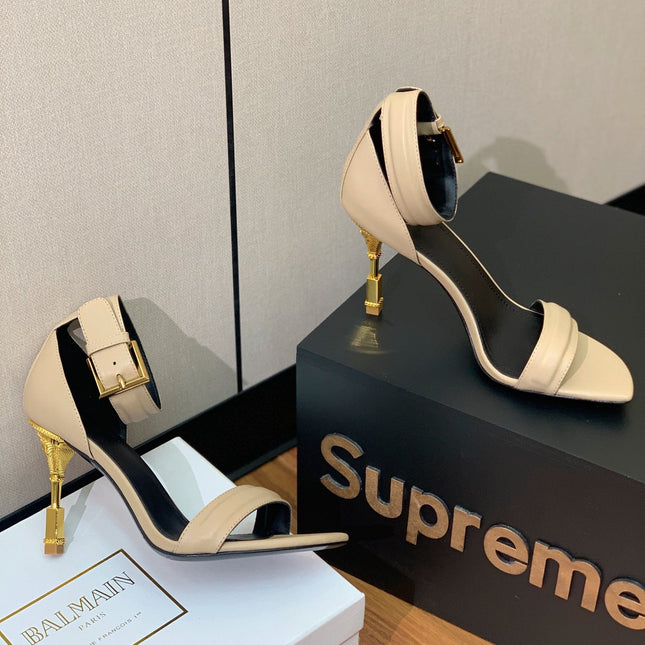 BALMAIN 26S METAL-HEEL SANDALS 105 MM IN BEIGE CALFSKIN