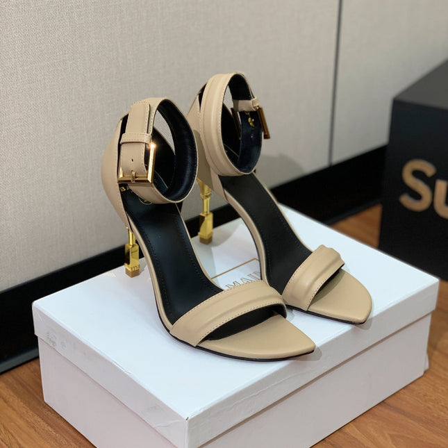 BALMAIN 26S METAL-HEEL SANDALS 105 MM IN DARK BEIGE CALFSKIN