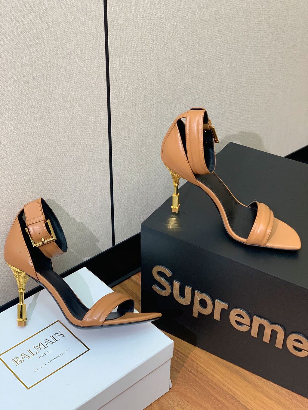 BALMAIN 26S METAL-HEEL SANDALS 105 MM IN BROWN CALFSKIN