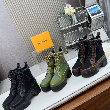LAUREATE PLATFORM DESERT BOOT IN DARK OLIVE GREEN JACQUARD AND CALFSKIN