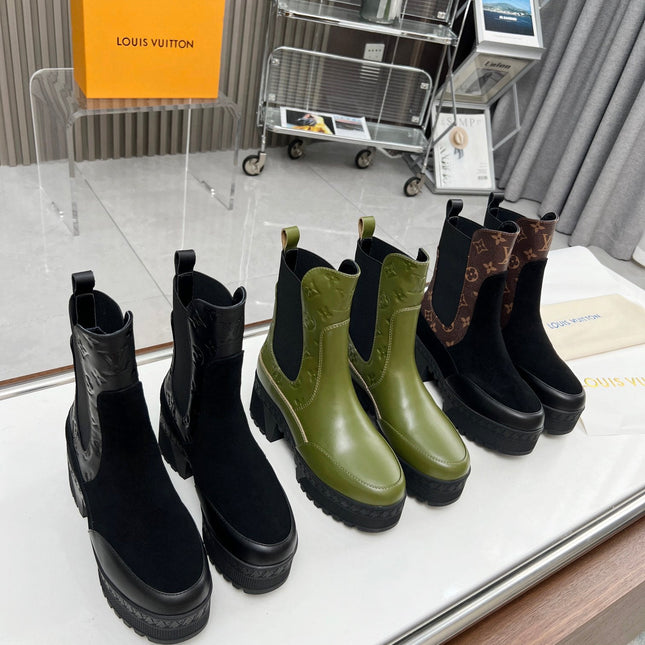 LV WOMEN SHORT BOOT IN BLACK SUEDE AND CHOCOLATE BROWN CALFSKIN