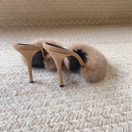 LA 16 HEELED MULES IN BEIGE RABBIT FUR AND SMOOTH LAMBSKIN