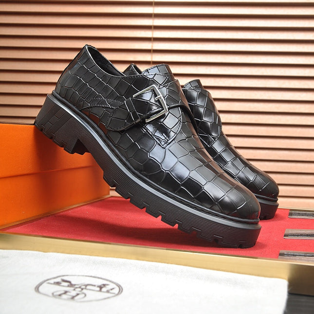 HM MONK STRAP BLACK WITH CROCODILE MOTIF CALFSKIN