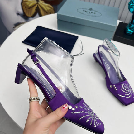 PRADA 26S SLINGBACK PUMPS 40MM IN PURPLE SATIN CRYSTAL EMBELLISHED