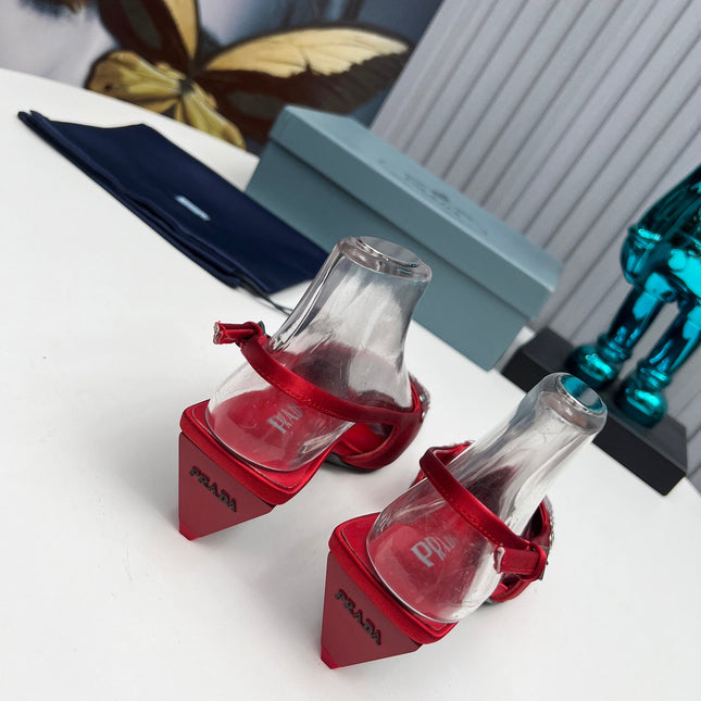 PRADA 26S SLINGBACK PUMPS 40MM IN DARK RED SATIN CRYSTAL EMBELLISHED