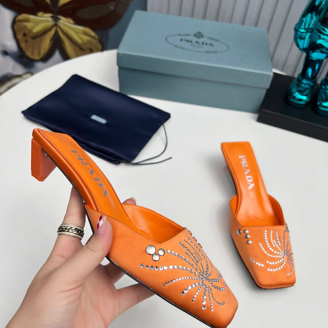 PRADA 26S MULE 40MM IN ORANGE SATIN CRYSTAL EMBELLISHED