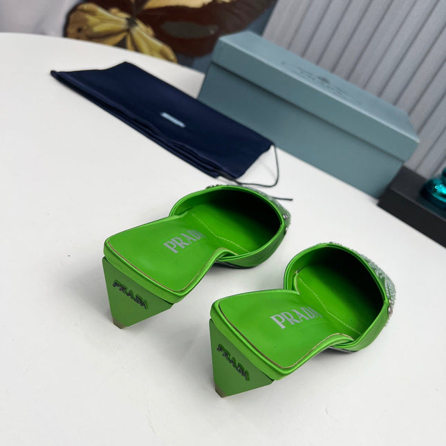 PRADA 26S MULE 40MM IN APPLE GREEN SATIN CRYSTAL EMBELLISHED