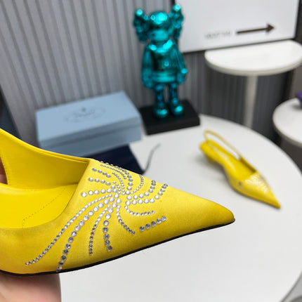PRADA 26S POINTED TOE SLINGBACK 40MM IN YELLOW SATIN CRYSTAL EMBELLISHED