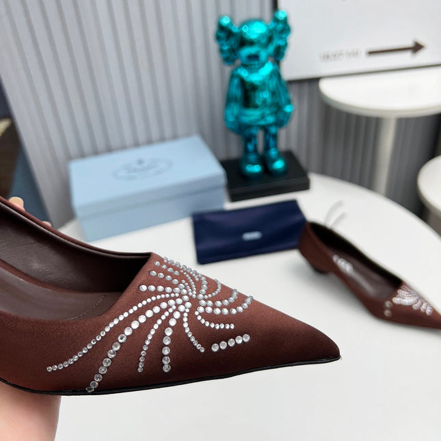 PRADA 26S POINTED TOE PUMPS 40MM IN DARK BROWN SATIN CRYSTAL EMBELLISHED