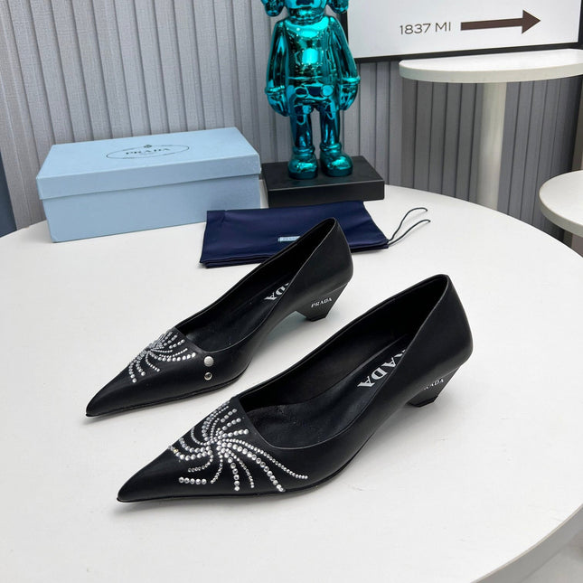 PRADA 26S POINTED TOE PUMPS 40MM IN BLACK CALFSKIN CRYSTAL EMBELLISHED
