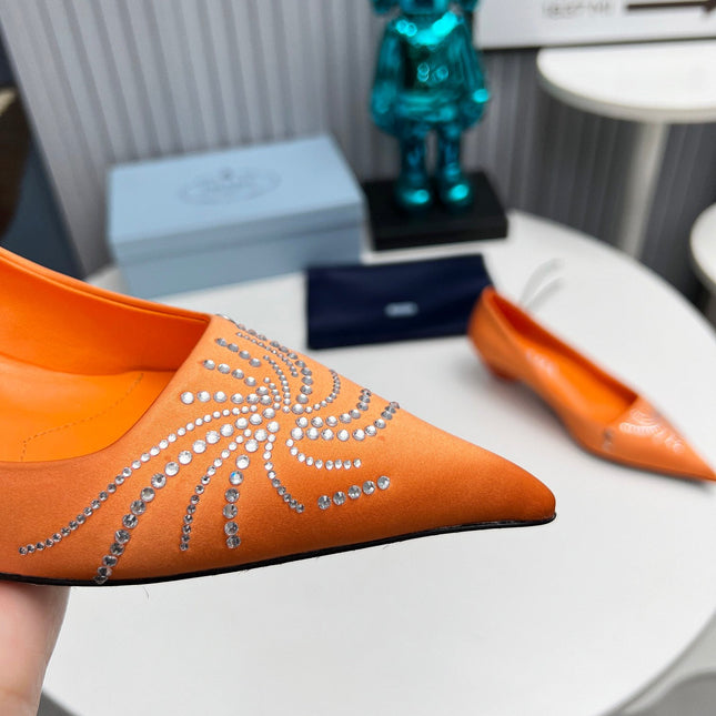 PRADA 26S POINTED TOE PUMPS 40MM IN ORANGE SATIN CRYSTAL EMBELLISHED