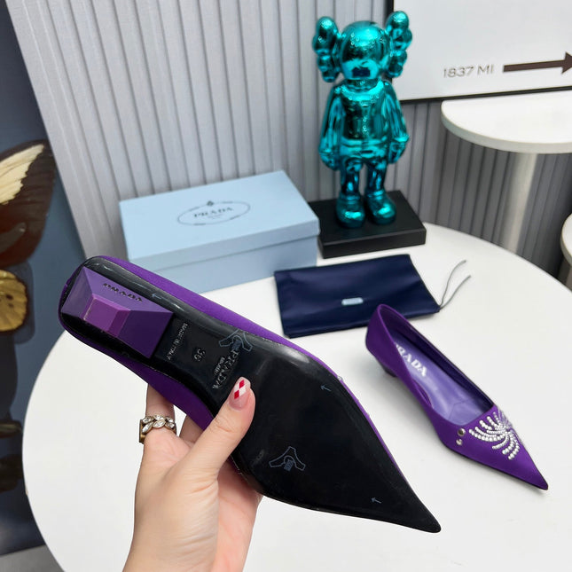 PRADA 26S POINTED TOE PUMPS 40MM IN PURPLE SATIN CRYSTAL EMBELLISHED