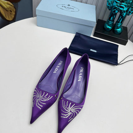 PRADA 26S POINTED TOE PUMPS 40MM IN PURPLE SATIN CRYSTAL EMBELLISHED
