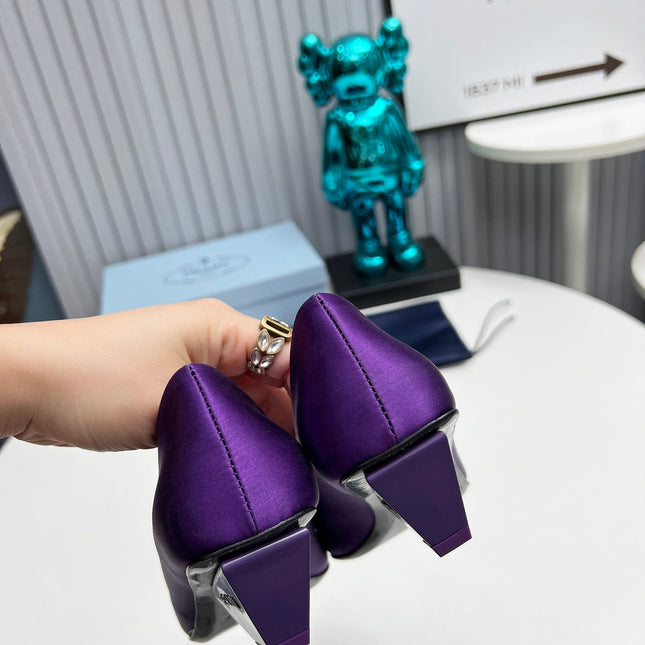 PRADA 26S POINTED TOE PUMPS 40MM IN PURPLE SATIN CRYSTAL EMBELLISHED