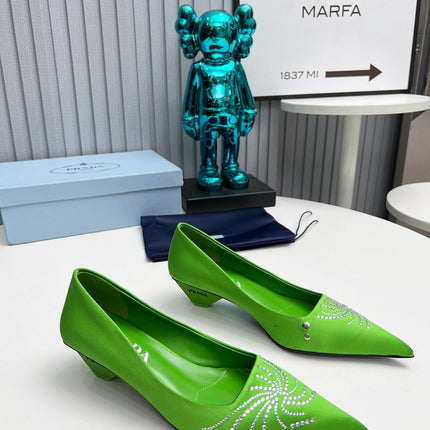 PRADA 26S POINTED TOE PUMPS 40MM IN APPLE GREEN SATIN CRYSTAL EMBELLISHED