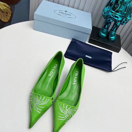 PRADA 26S POINTED TOE PUMPS 40MM IN APPLE GREEN SATIN CRYSTAL EMBELLISHED