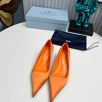 PRADA 26S POINTED TOE PUMPS 40MM IN ORANGE SATIN