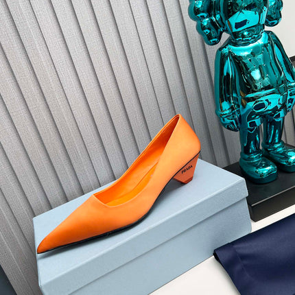 PRADA 26S POINTED TOE PUMPS 40MM IN ORANGE SATIN