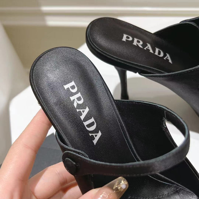 PRA HIGH-HEELED MULES BLACK SATIN