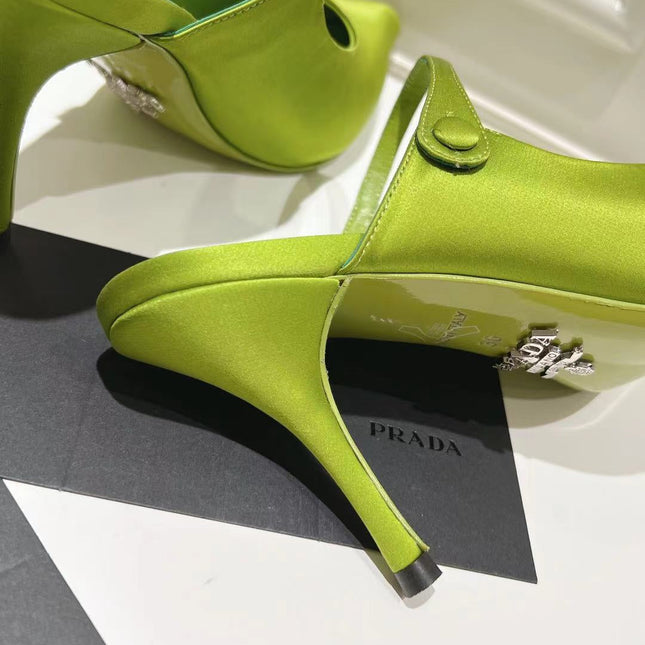 PRA HIGH-HEELED MULES PEAR SATIN