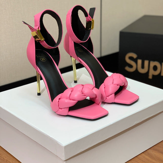BALMAIN 26S BRAIDED-STRAP HIGH-HEEL SANDALS 95 MM IN PINK CALFSKIN