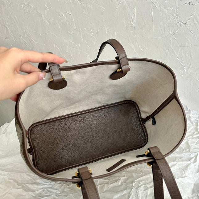 OPHIDIA SMALL TOTE BAG 31 BEIGE CANVAS AND BROWN CALFSKIN