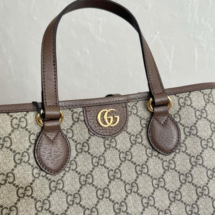 OPHIDIA SMALL TOTE BAG 31 BEIGE CANVAS AND BROWN CALFSKIN