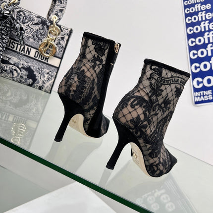 DIOR 25S POINTED-TOE ANKLE BOOTS 95 MM IN BLACK MESH TULLE AND SUEDE STYLE 1