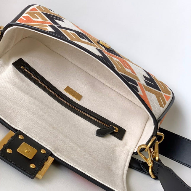 Fend Baguette Black White Brown Orange Canvas Bag 27 with FF Embroidery Ghw
