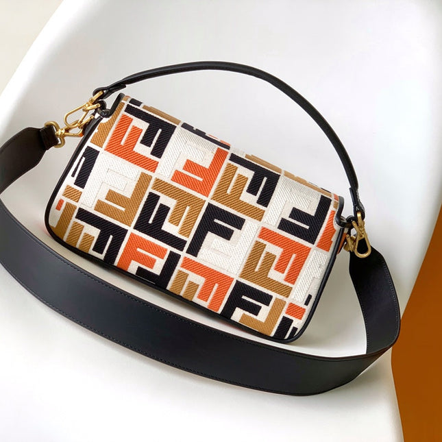Fend Baguette Black White Brown Orange Canvas Bag 27 with FF Embroidery Ghw