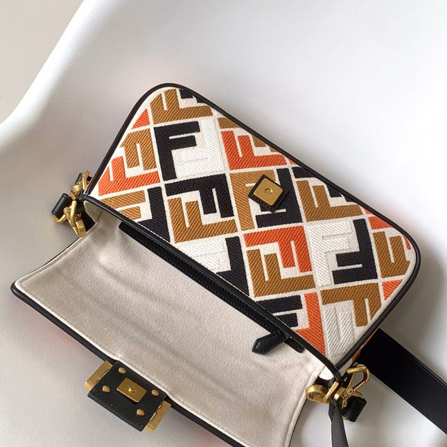 Fend Baguette Black White Brown Orange Canvas Bag 27 with FF Embroidery Ghw