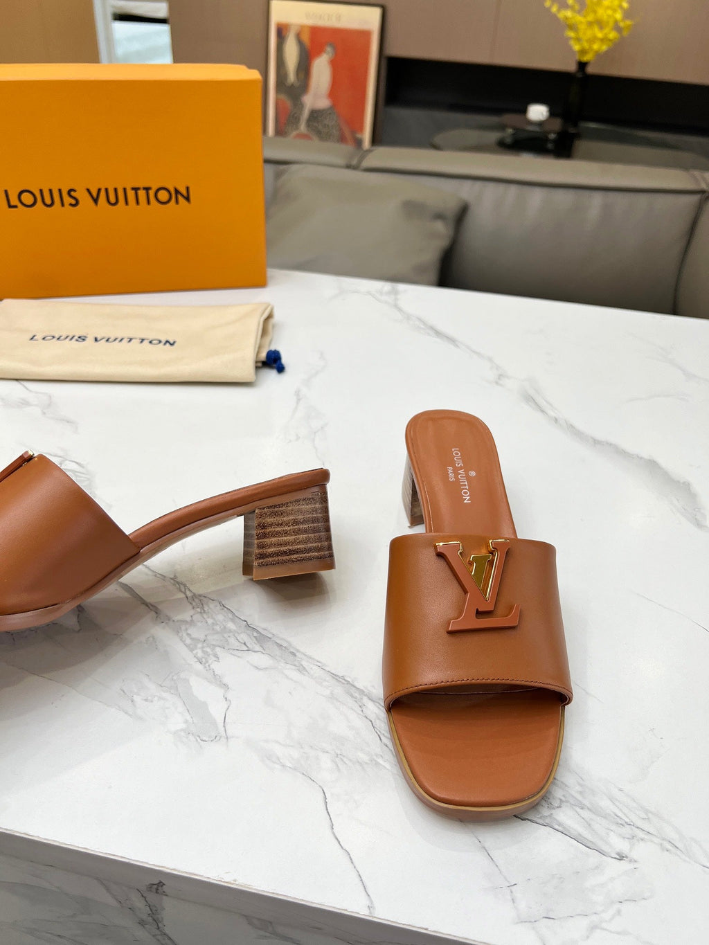 LV 26S CAPRI HIGH-HEELED MULES IN BROWN CALFSKIN